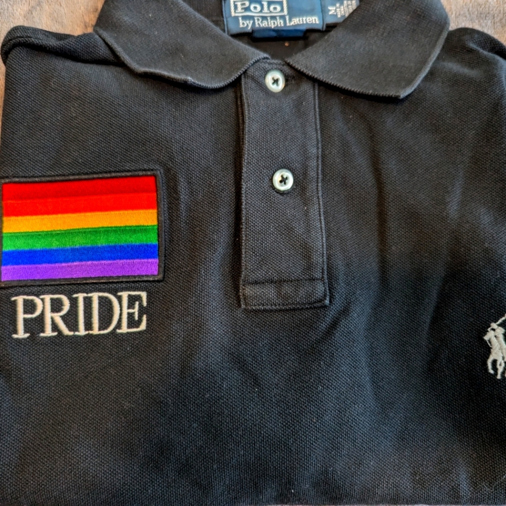 RARE!!Polo Ralph Lauren Pride Flag (embroid) Black Pony Polo Shirt Medium